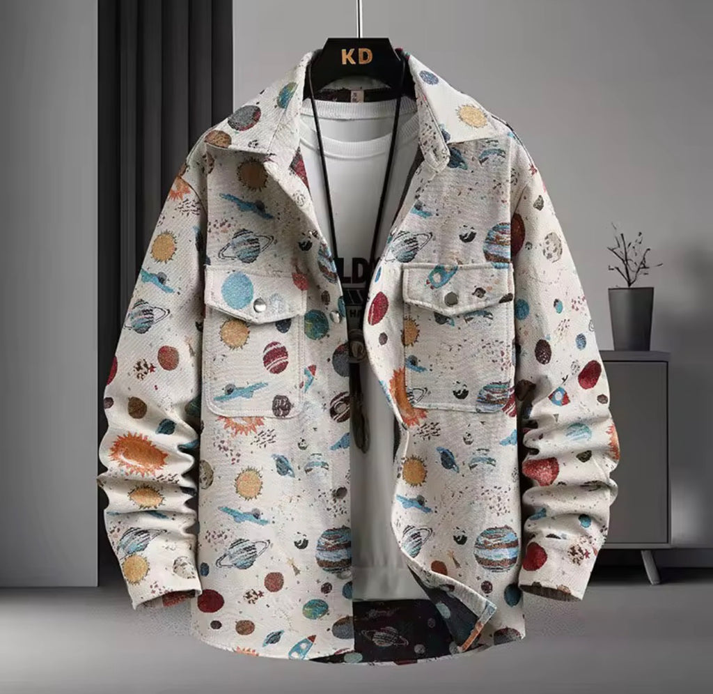 Thick Retro Men's Tapestry Jacket | Vintage Inspired Graffiti and Solar System Streetwear Shacket | Heavyweight Patterned Button-Down Coat