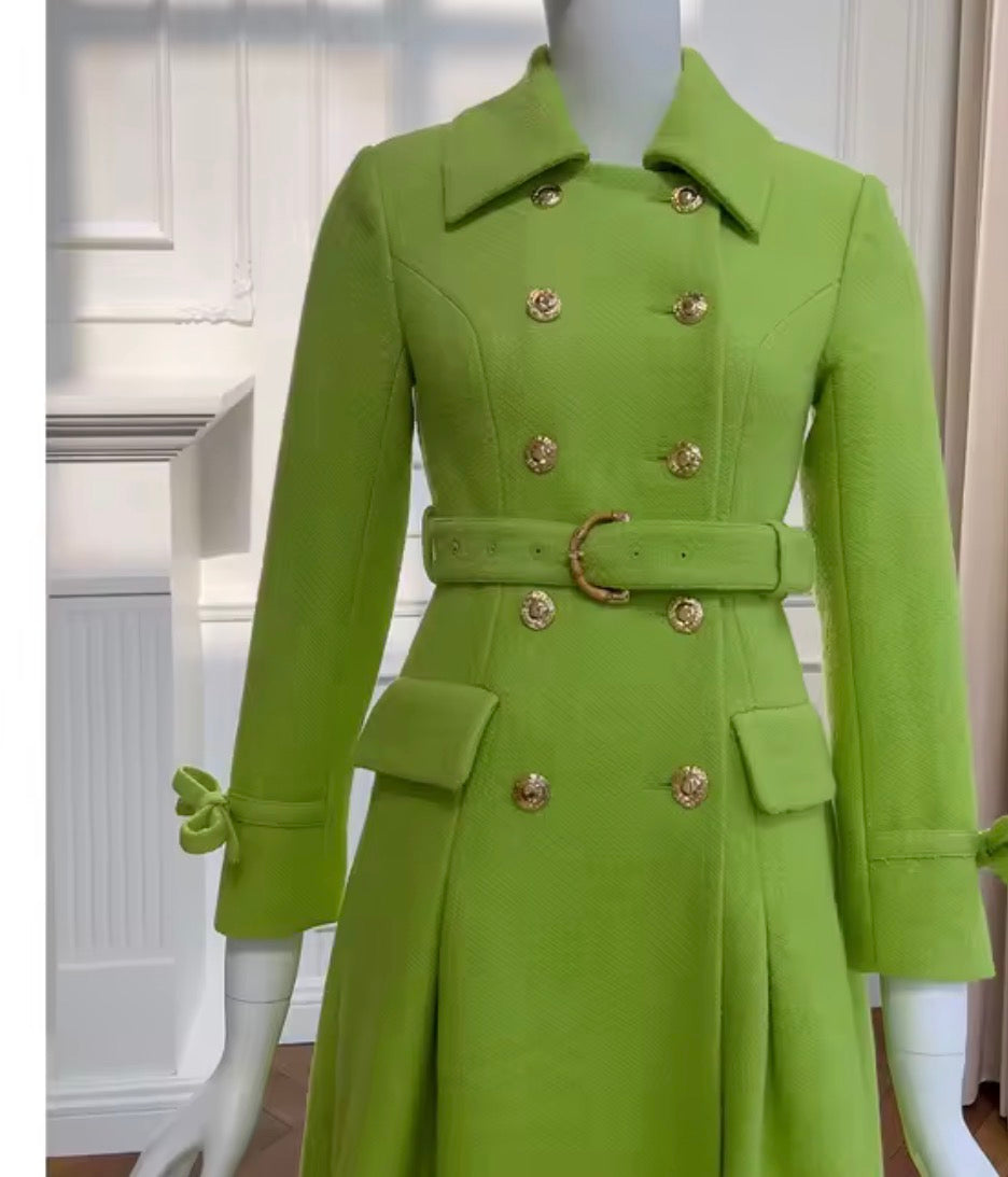 Lime Green Double Breasted Elegant Pleated A-Line Belted Woolen Trench Coat