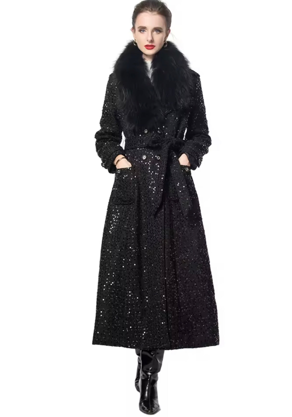 Elegant Sparkly Tweed Long Sequin Trench Belted Evening Overcoat with fur collar