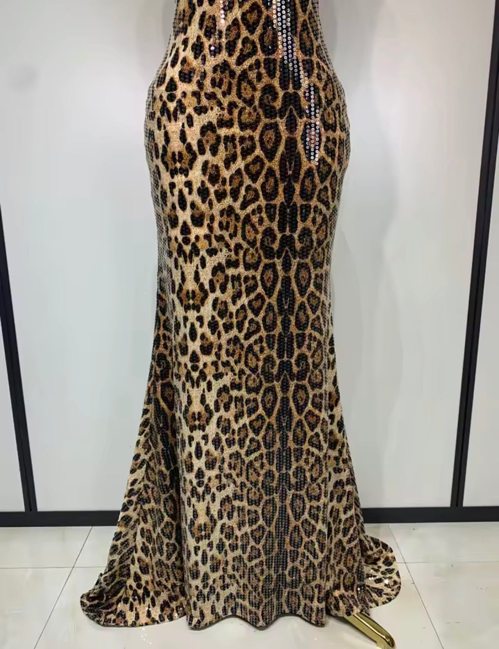 Sequin Leopard Print Prom Dress, Halter Neck Backless Evening Gown, Glam Mermaid High Collar Formal Dress, Animal Print Party Dress