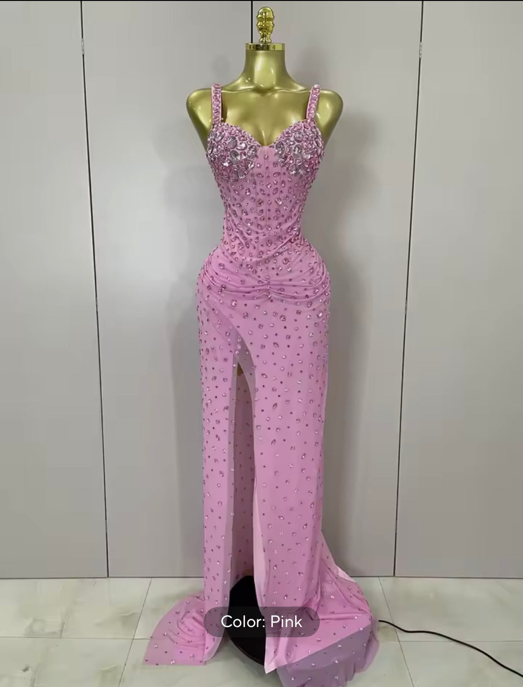 Pink Crystal Rhinestone Evening Gown, Formal Prom Dress, Glamour Bodycon Corset Maxi Dress, Sparkly Birthday Gala Dress, High Slit Gown