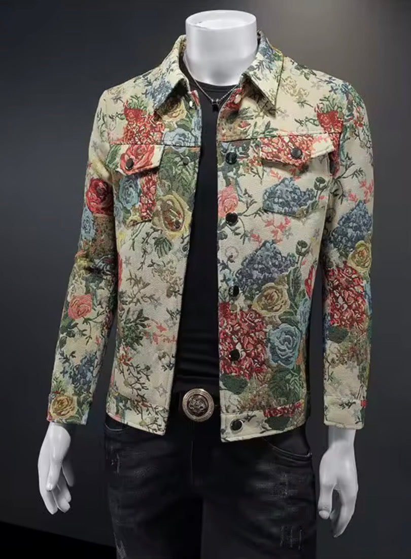 Vintage Inspired Jacquard Floral Men’s Trucker Jacket, Textured Tapestry Western Coat