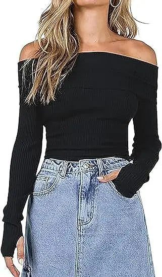 Women's Off-shoulder Solid Color Slim Fit Top JNi3 shop