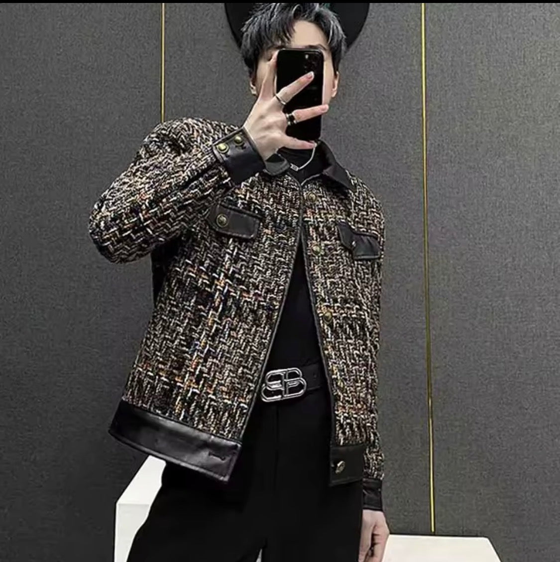 Men’s Tweed Patchwork Jacket – Faux Leather Trim Multi-Color Bouclé Trucker Jacket | Vintage Luxury Streetwear Outerwear