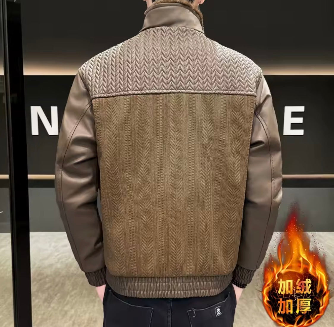 Men’s Fleece-Lined PU Leather Jacket – Bomber Jacket with Faux Fur Collar