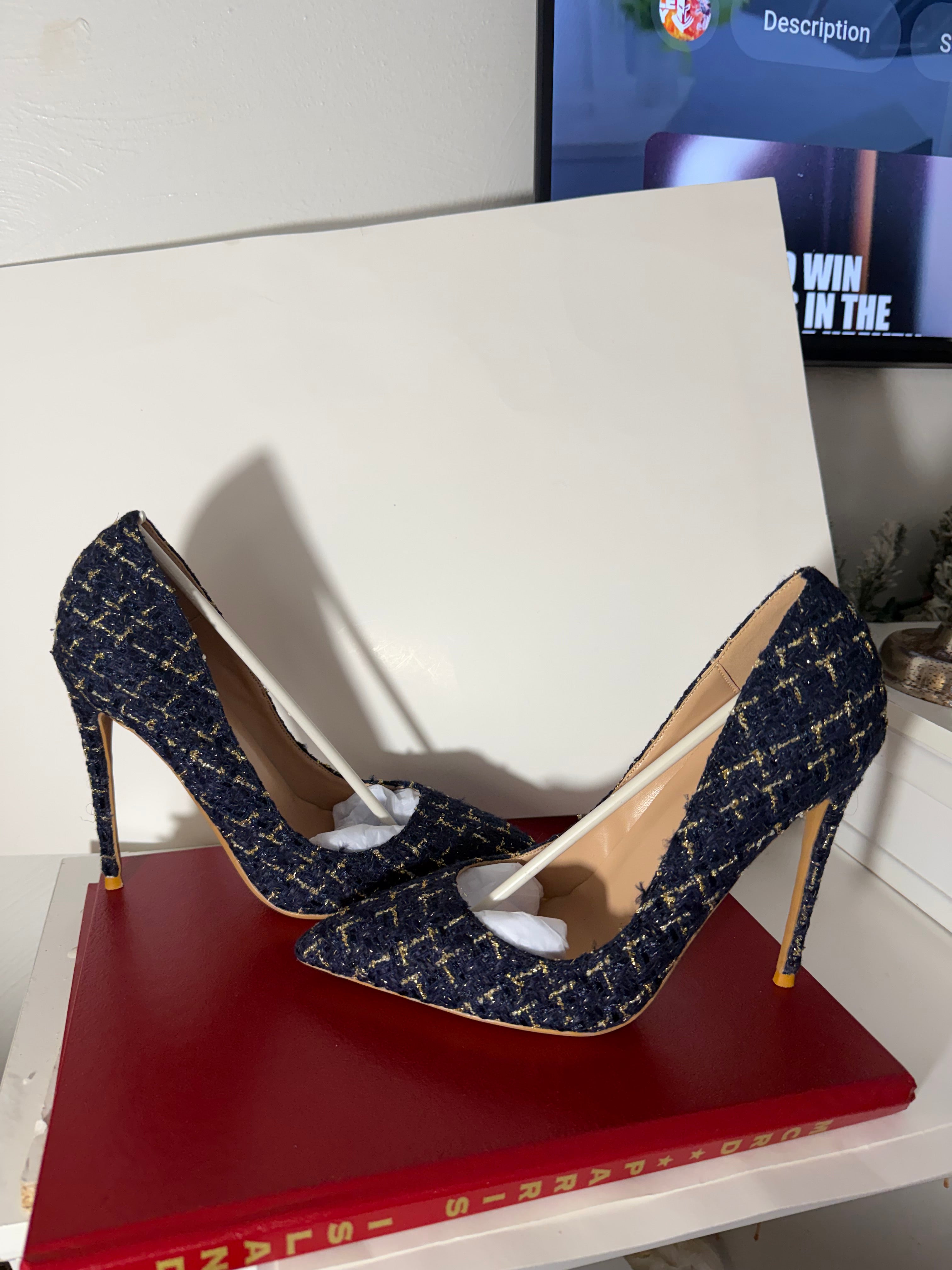 Navy Blue Tweed Belted Midi Dress and Pointed-Toe 12cm Stiletto Pump Set | 2-Piece