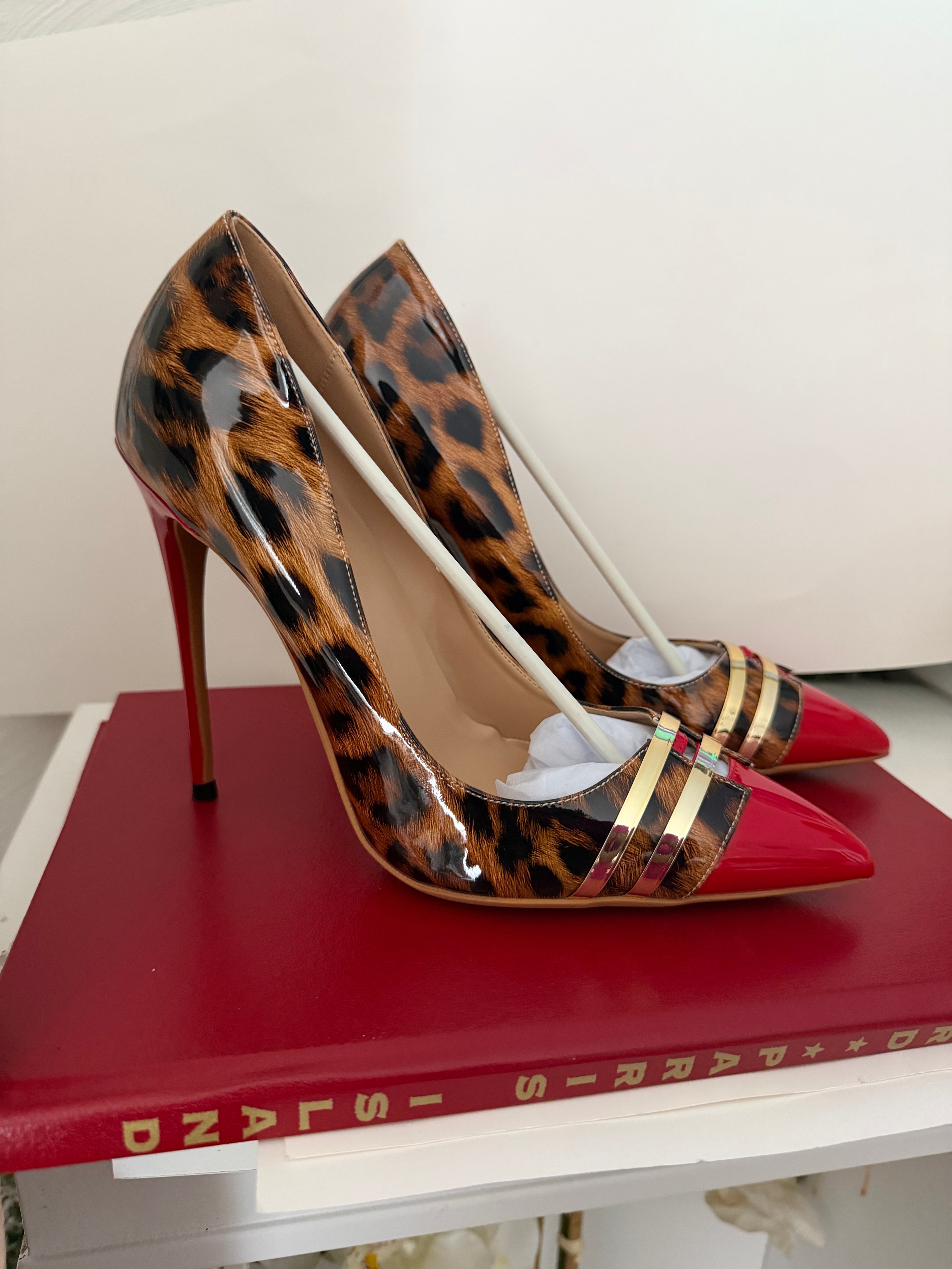 Leopard Print Stiletto Pumps – Red Pointed Toe, Gold Hardware Heels