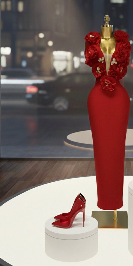 3D Rose V-Neck Bandage Dress & Earrings | Gala Outfit