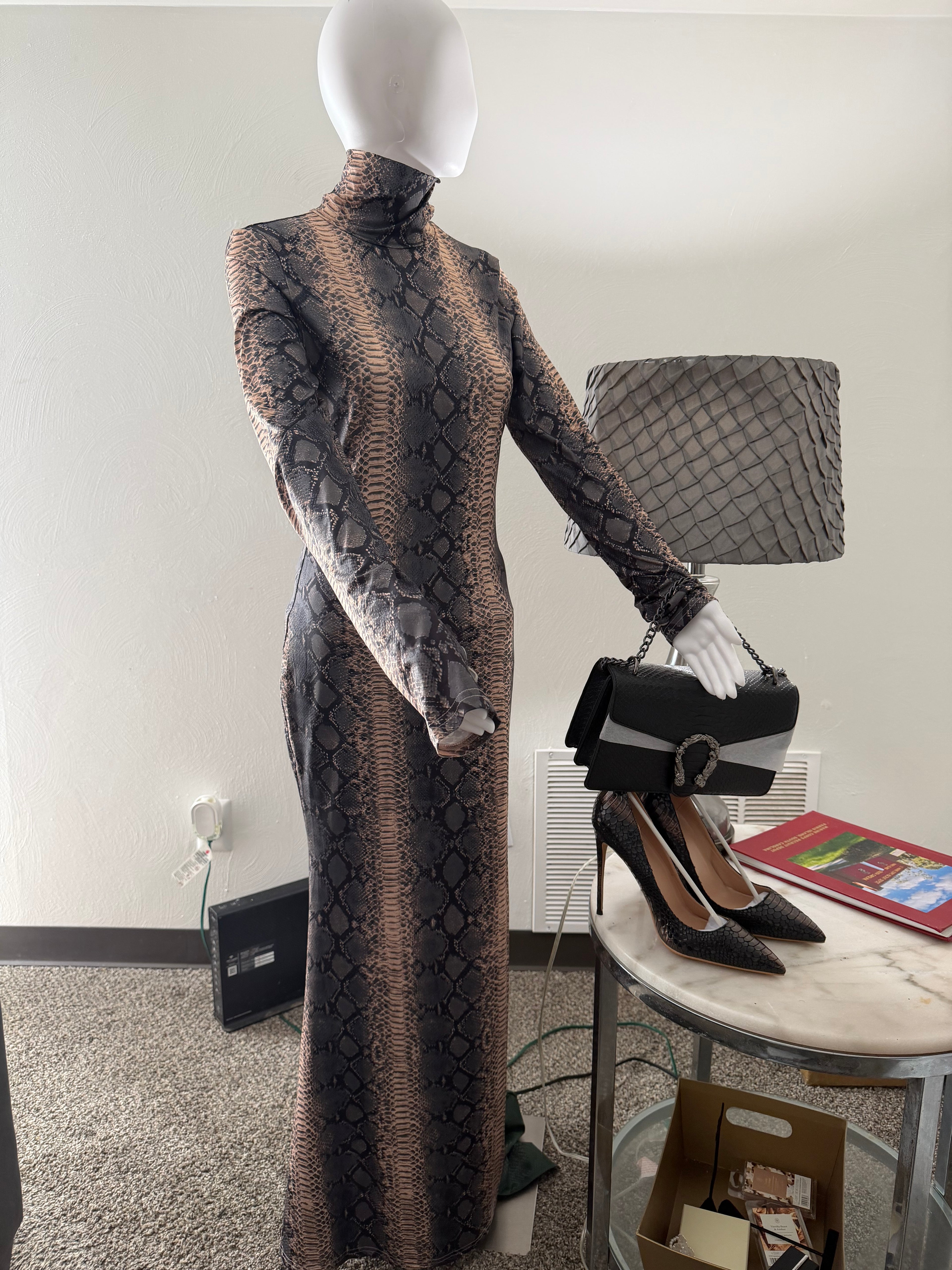 Serpentine Ensemble: Snake Print Maxi Dress, Charcoal Handbag & Stilettos | Complete Outfit, Animal Print Fashion