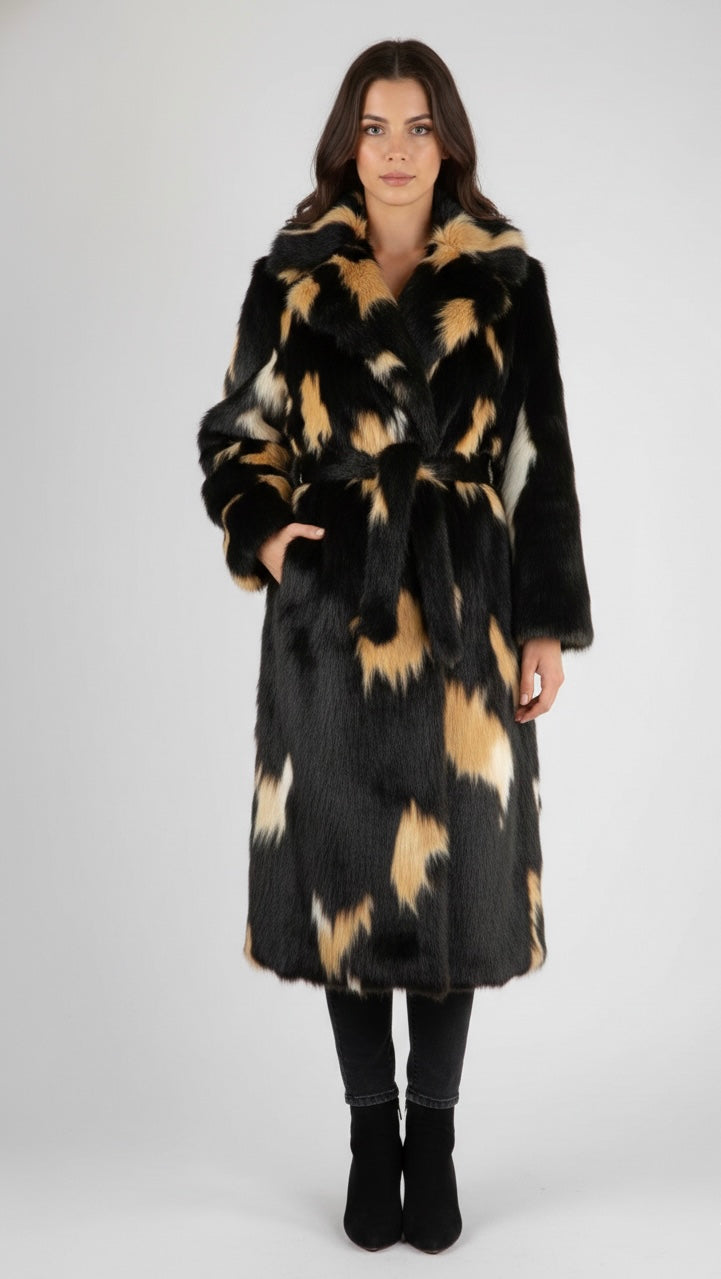 Luxury Long Faux FurOvercoat- Full Length  Print Winter coat- Oversized Plush Trench Coat - Glamorous Formal Outerwear.