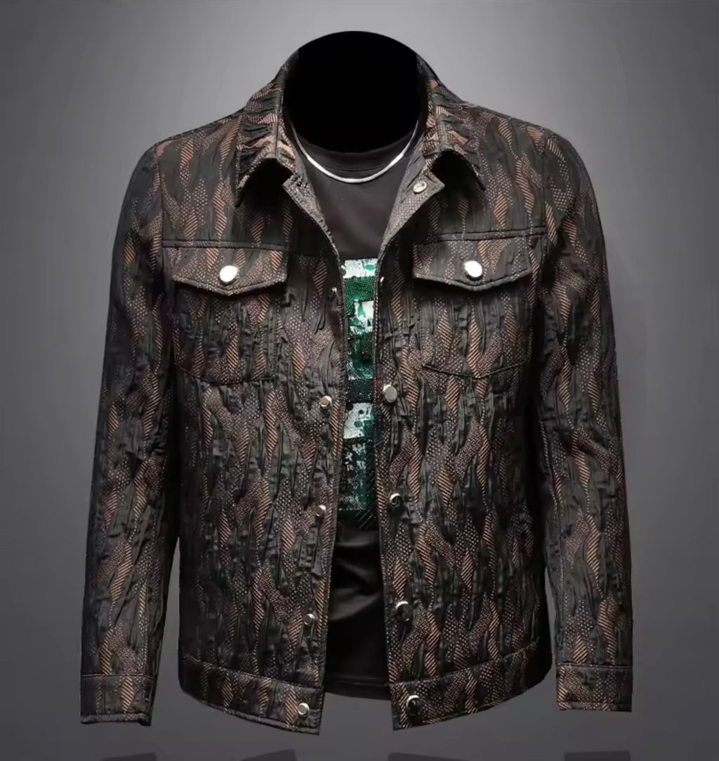 Men's Floral Jacquard Button-Up Casual Jacket with Pocket Details | Stylish Modern Statement Outerwear