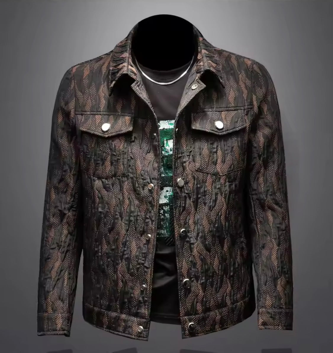 Men's Floral Jacquard Button-Up Casual Jacket with Pocket Details | Stylish Modern Statement Outerwear