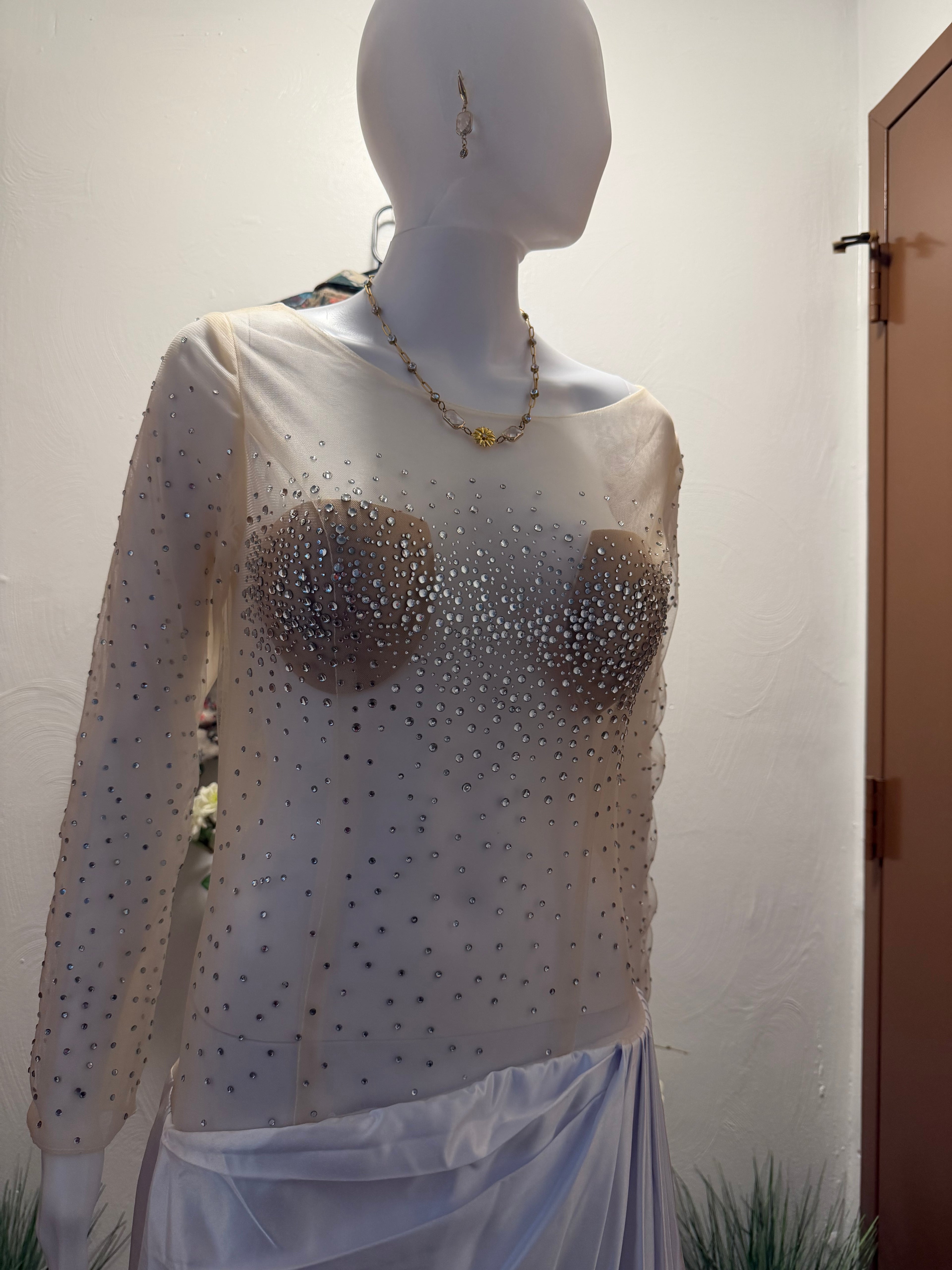 Custom Illusion Beaded Wedding Dress, Sheer Luxury Bridal Gown, Mermaid Silhouette with jewelry set