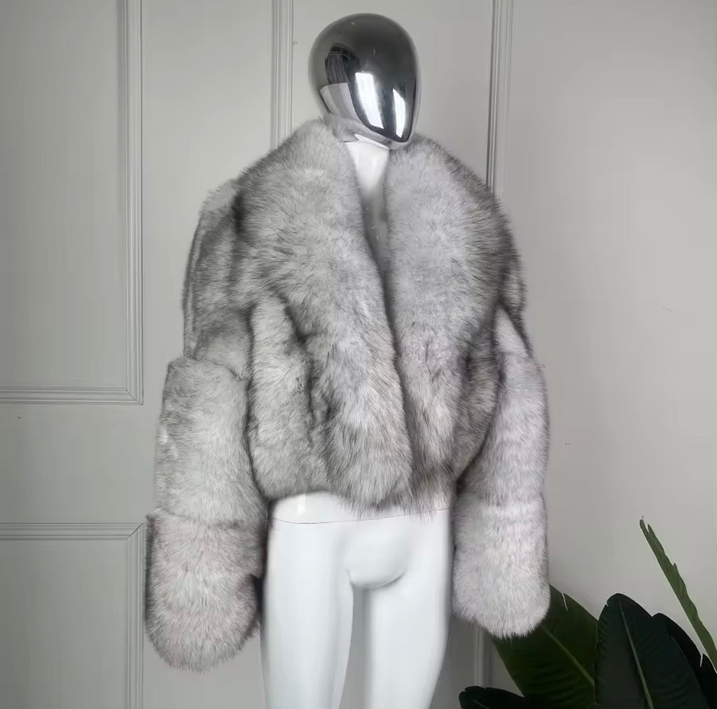 Luxury Natural Silver Fox Fur Cropped Jacket with Turndown Collar | Genuine Fur Outerwear for Women