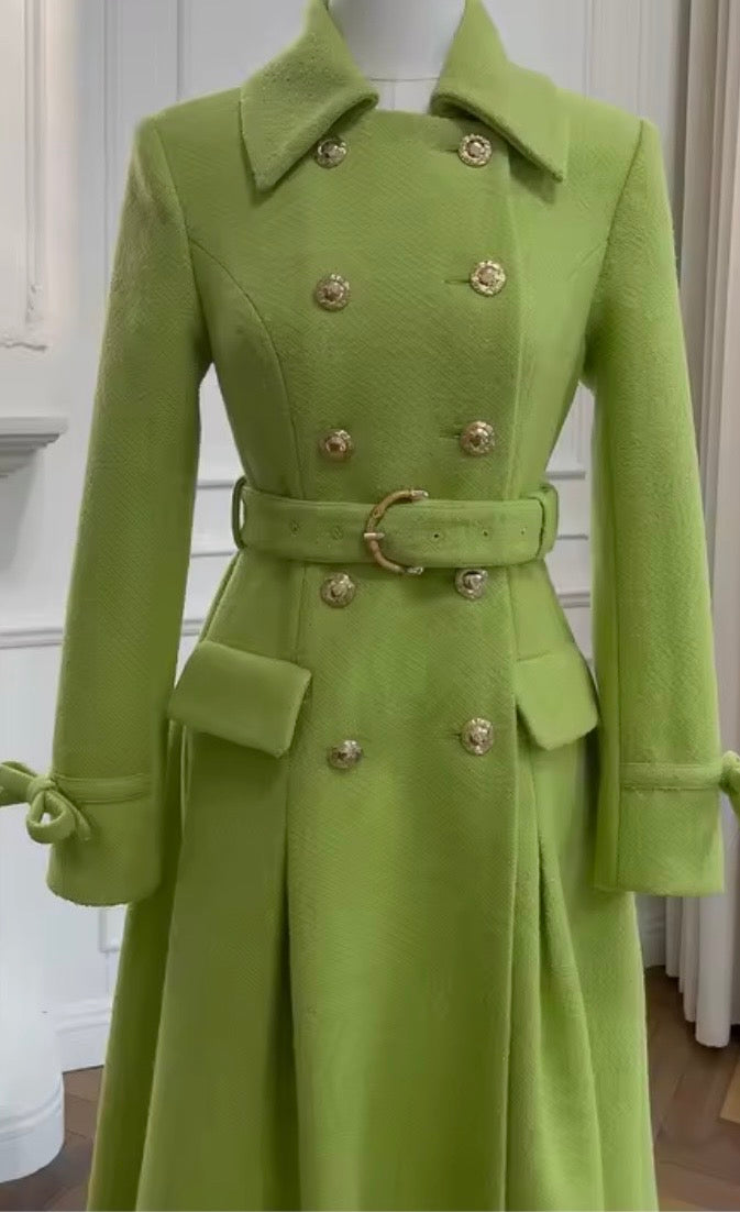 Lime Green Double Breasted Elegant Pleated A-Line Belted Woolen Trench Coat