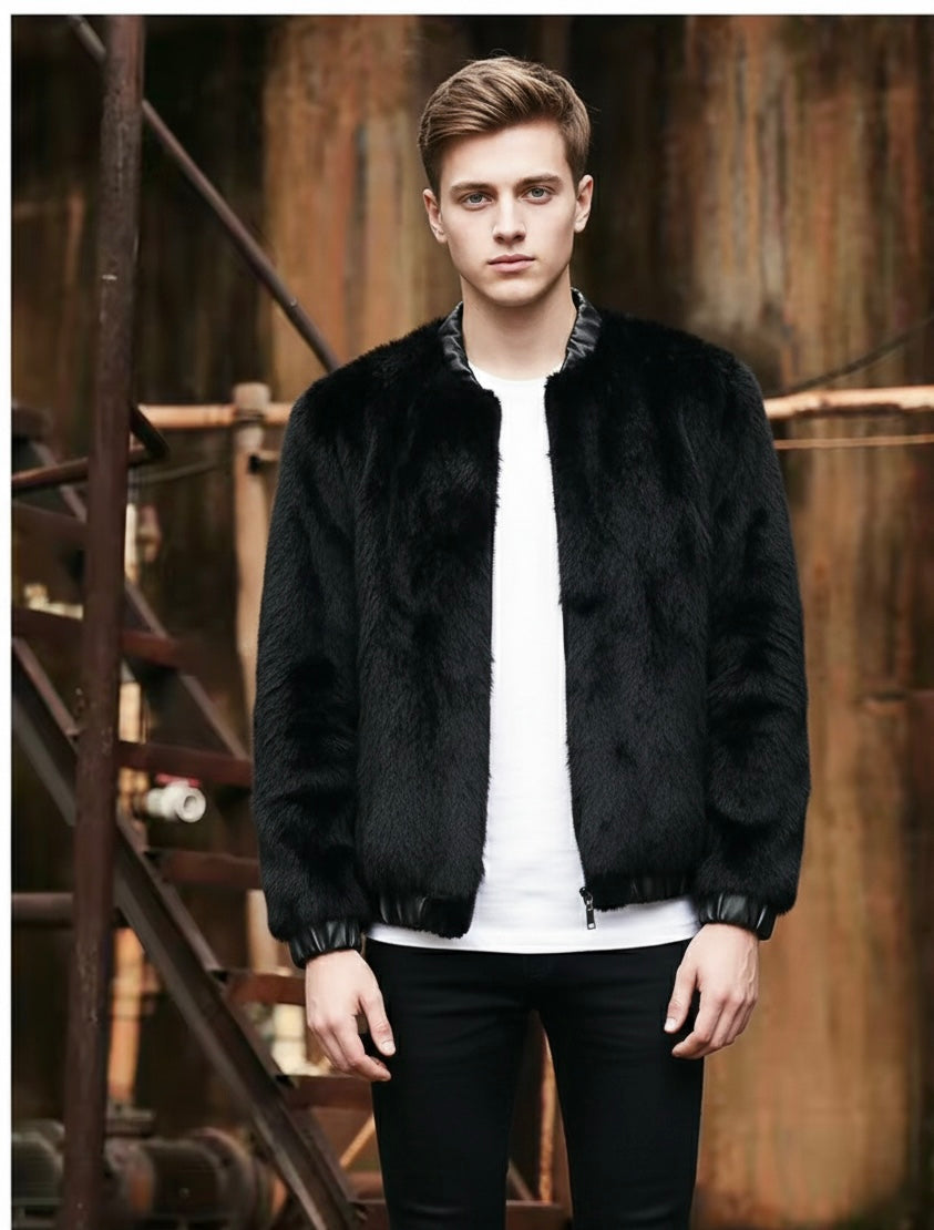 Men's Real Rabbit Fur Jacket with Fox Fur Collar | Luxury Winter Overcoat
