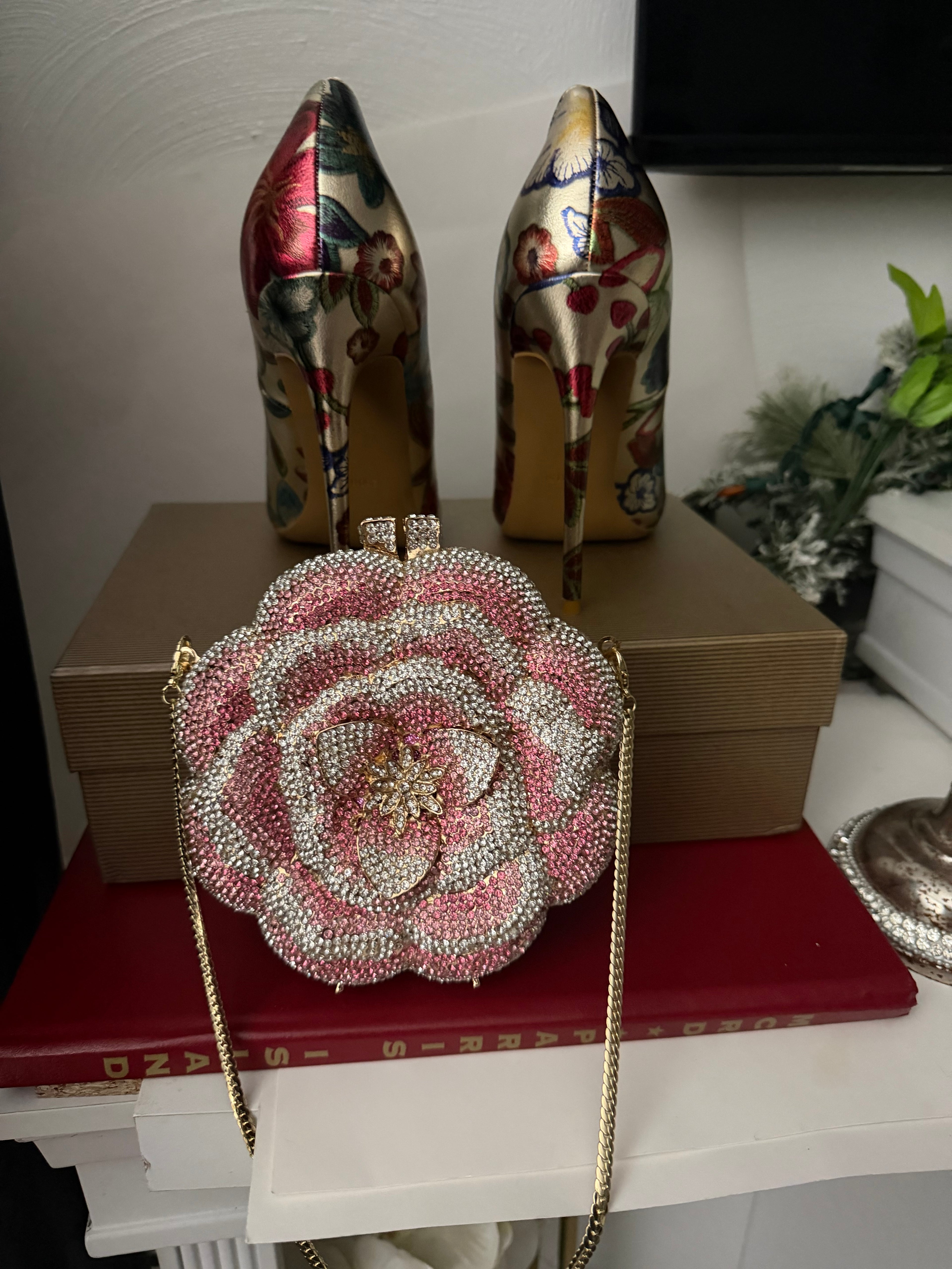 Floral Embroidered Heels and Crystal Clutch Set | Wedding Shoes Matching Bag | Bridal Evening Party Pumps | Luxury Formal Occasion Set