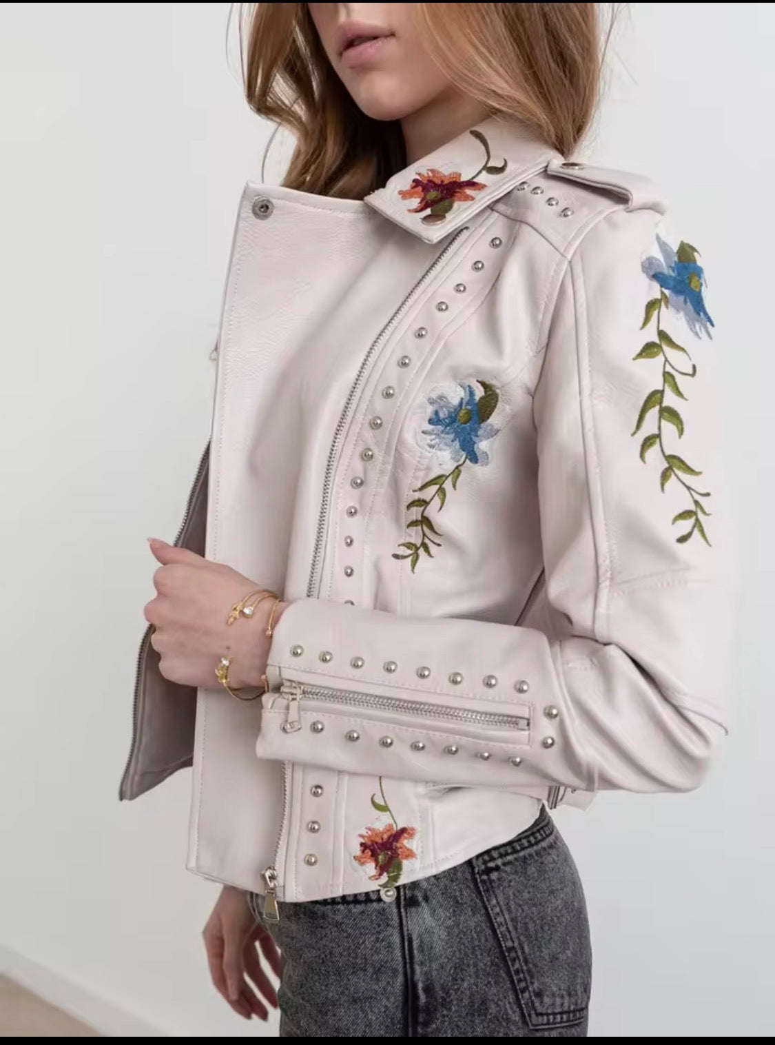 Women's Vintage Floral Embroidered Faux Leather Moto Jacket – Studded Asymmetric Biker Coat