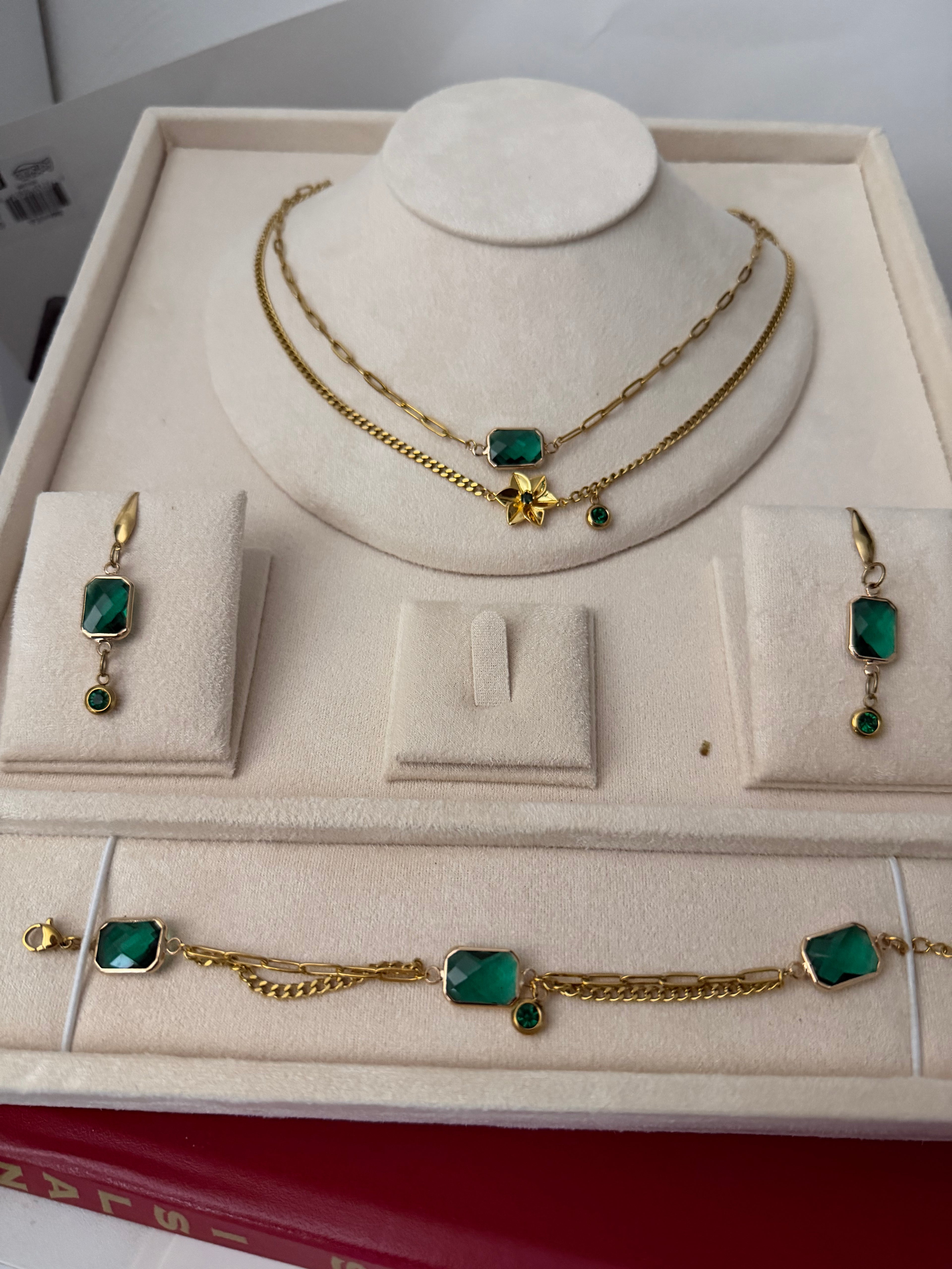 18k Gold PVD Birth Month double layered pendant Necklace, Bracelet and Earrings 3 pce set.