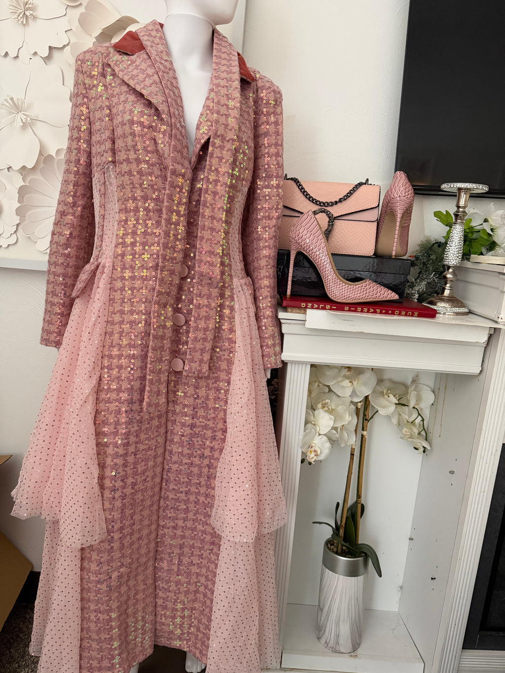 Stunning pink Sequins Mesh Layered Trench Coat – Elegant Evening Outerwear