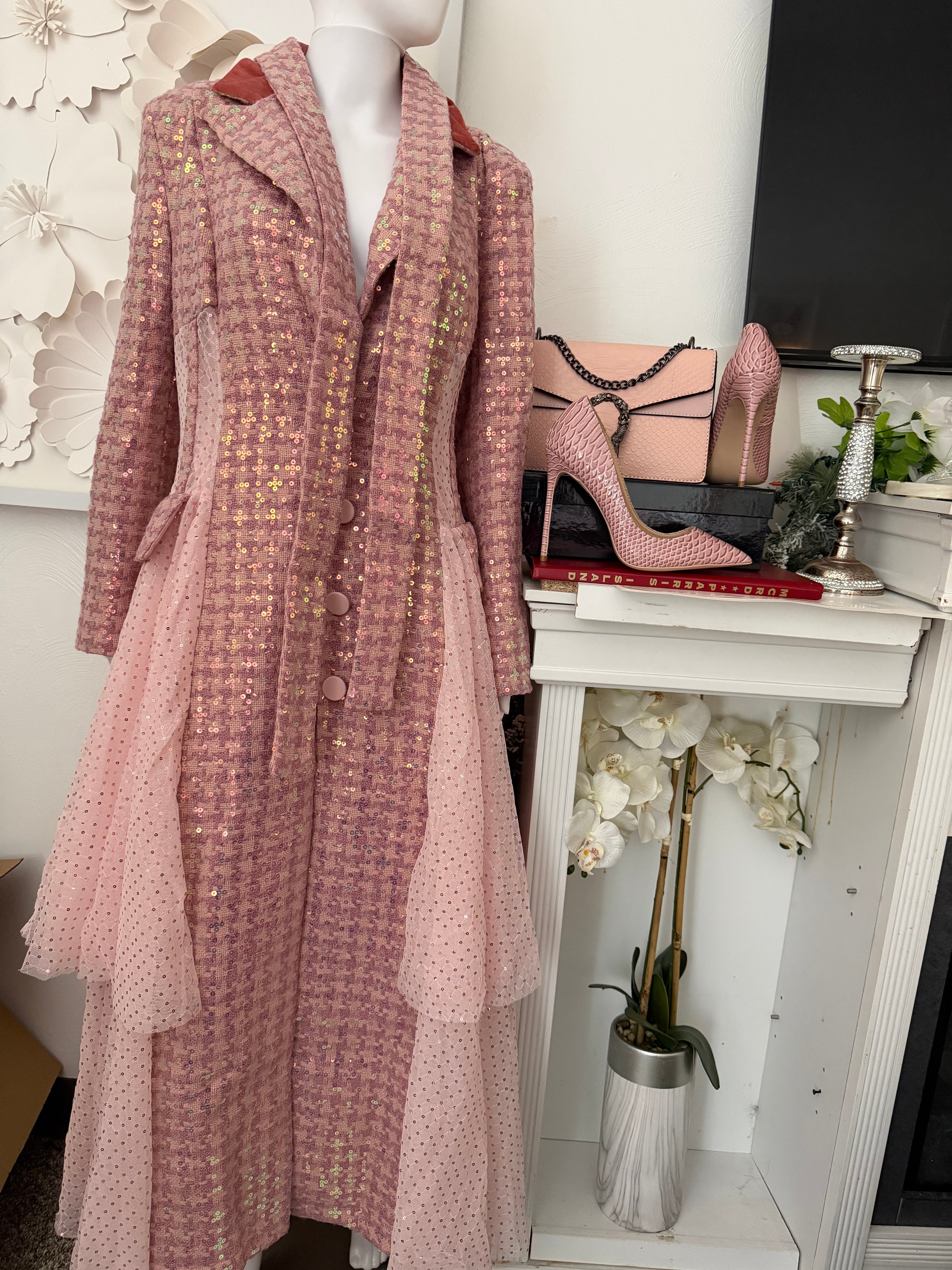 Stunning pink Sequins Mesh Layered Trench Coat – Elegant Evening Outerwear