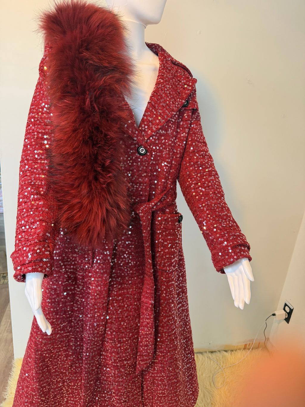 Elegant Sparkly Tweed Long Sequin Trench Belted Evening Overcoat with fur collar