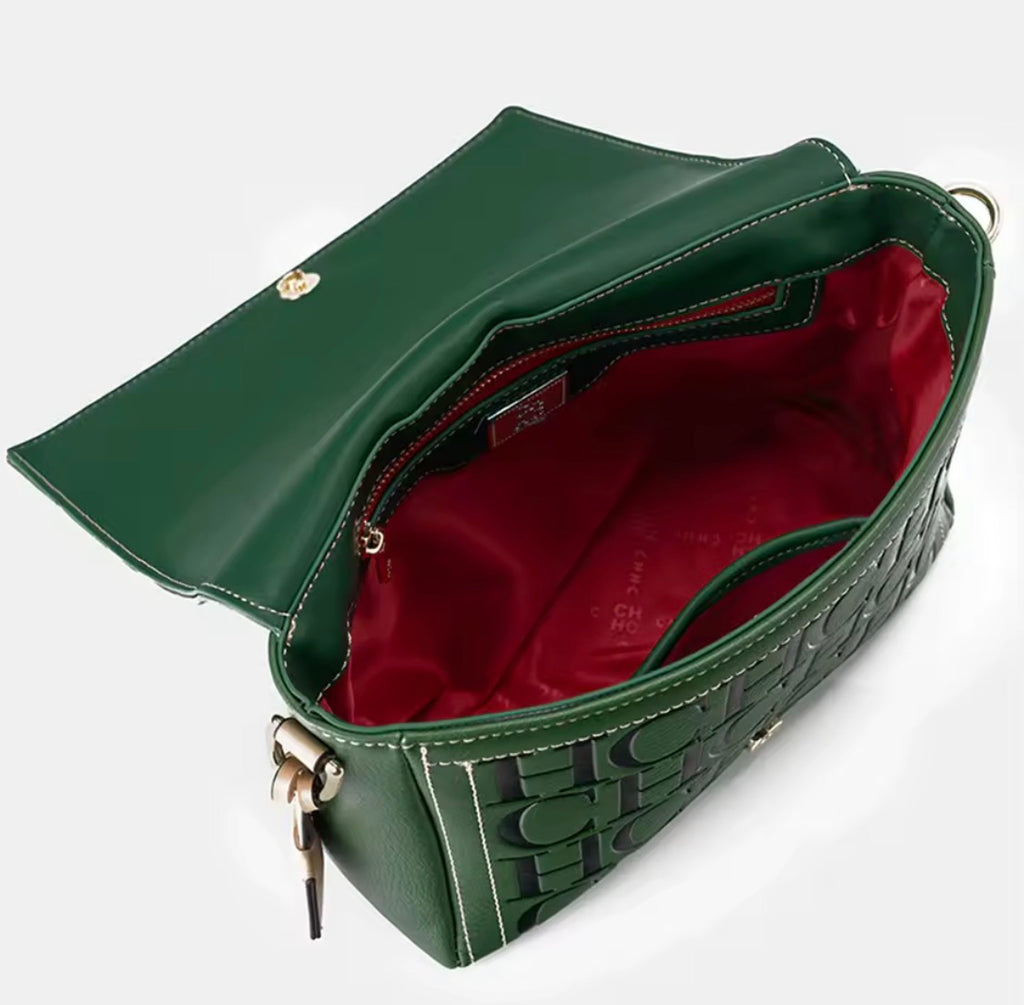 Embossed Letter Monogram Square Crossbody Bag with Padlock Detail & Wide Strap