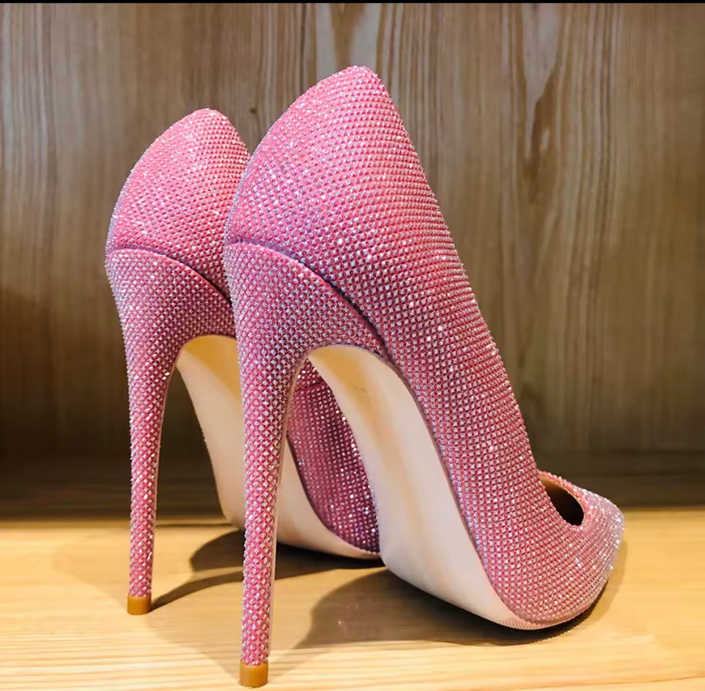 Pink Rhinestone Heels, Sparkly Crystal Stiletto Pumps, Pointed Toe Bling High Heels, Glam Wedding Shoes, Prom & Evening Shoes, Statement Heels