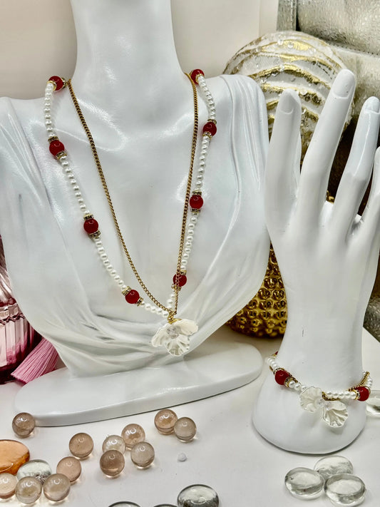 18k gold PVD Artificial pearl and glass beads Necklace with 3D Flower pendant and Bracelet set - JNi3 shop