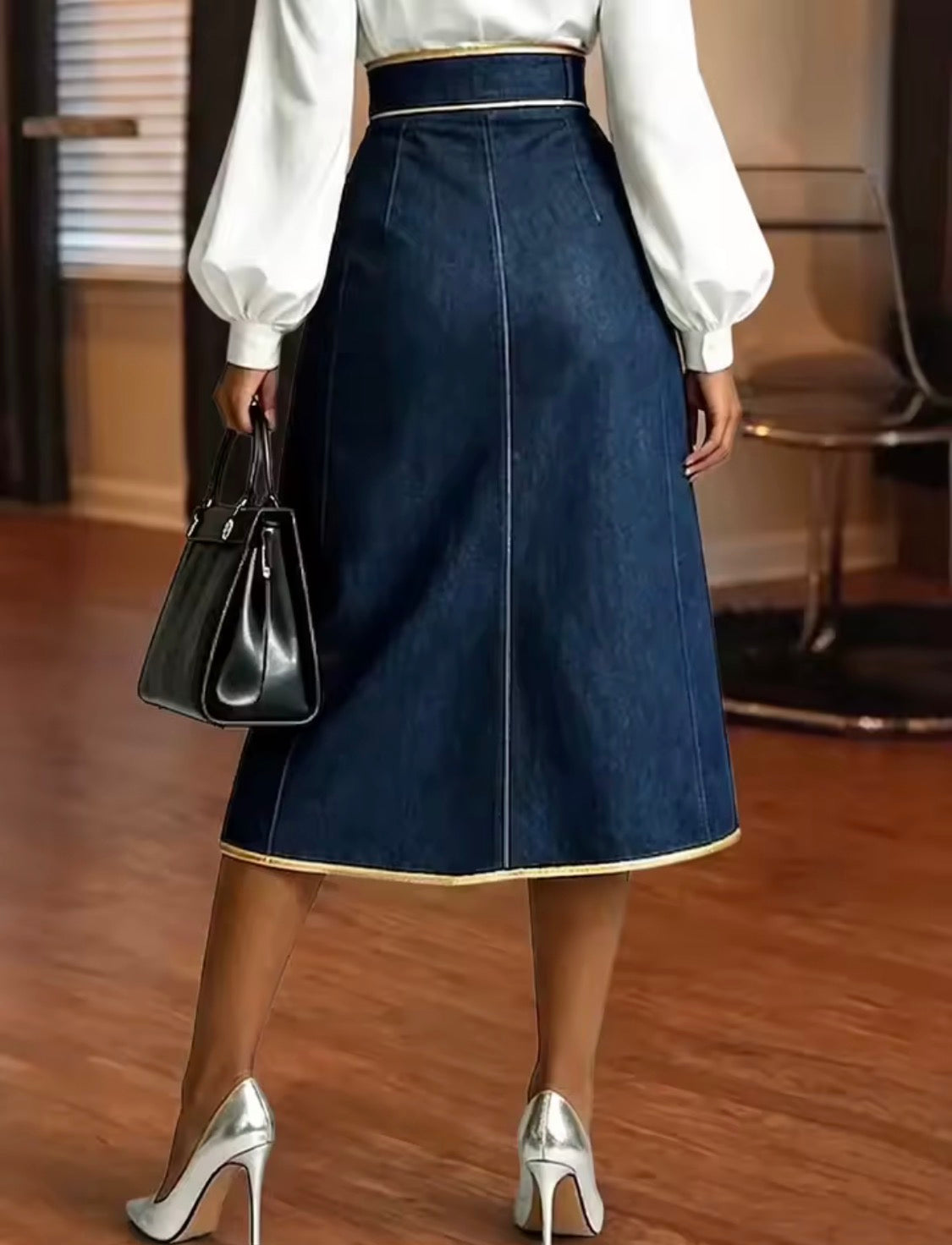 High Waisted Denim Collection - Gold Trim Wide Leg Pants & Asymmetric Midi Skirt with Buckle & Grommet Detail