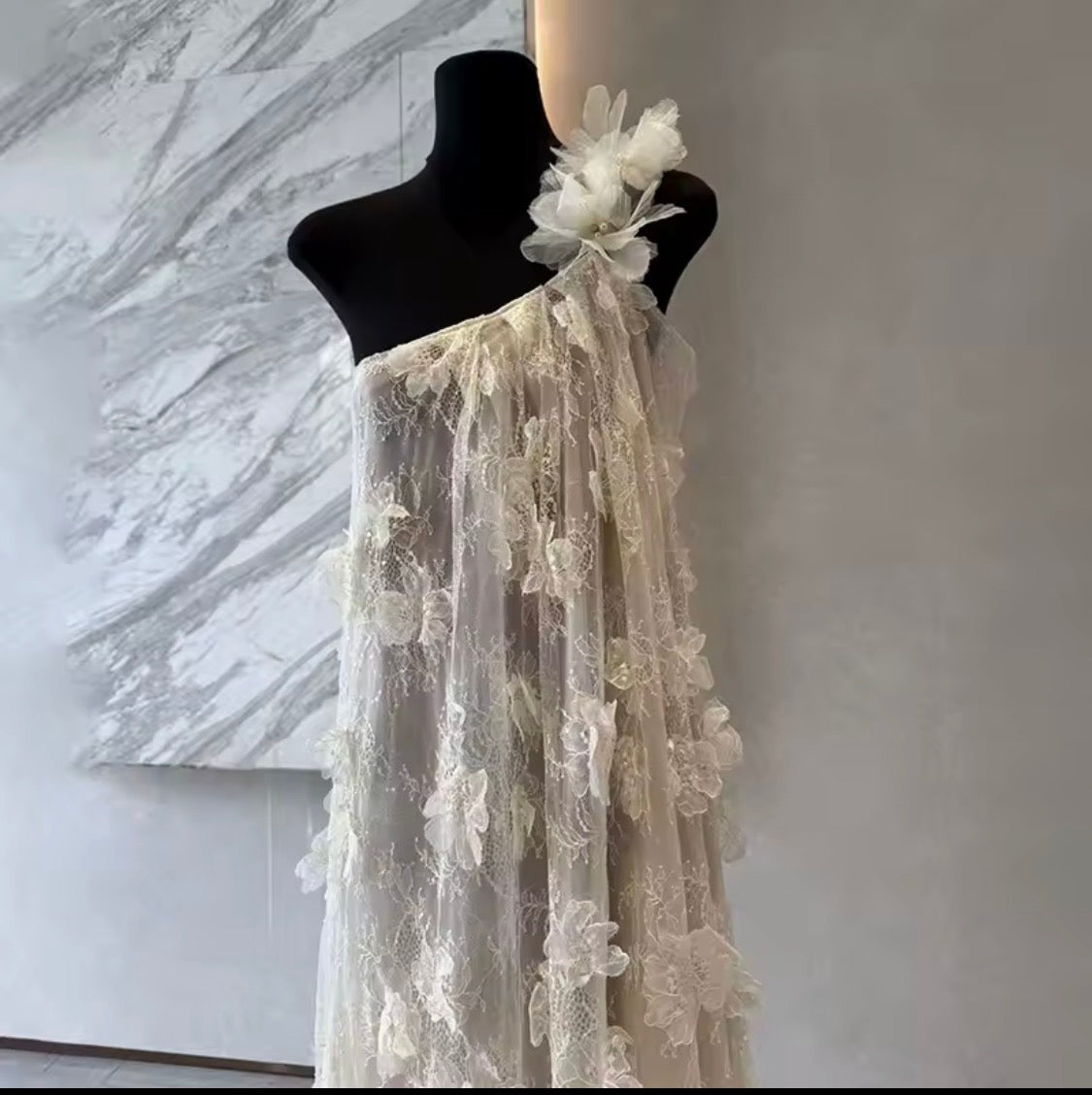 White 3D Floral One-Shoulder Maxi Dress | Ethereal floral Appliqué Summer Gown