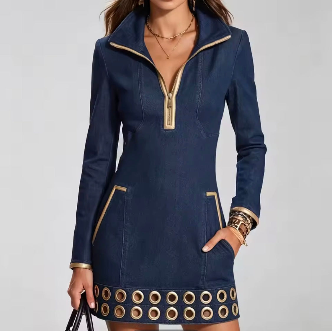 Women’s Vintage Denim Trench Dress with Gold Trim & Grommet Hem | Front Zip Long Sleeve A-Line Midi Denim Dress | Chic Elegant Streetwear