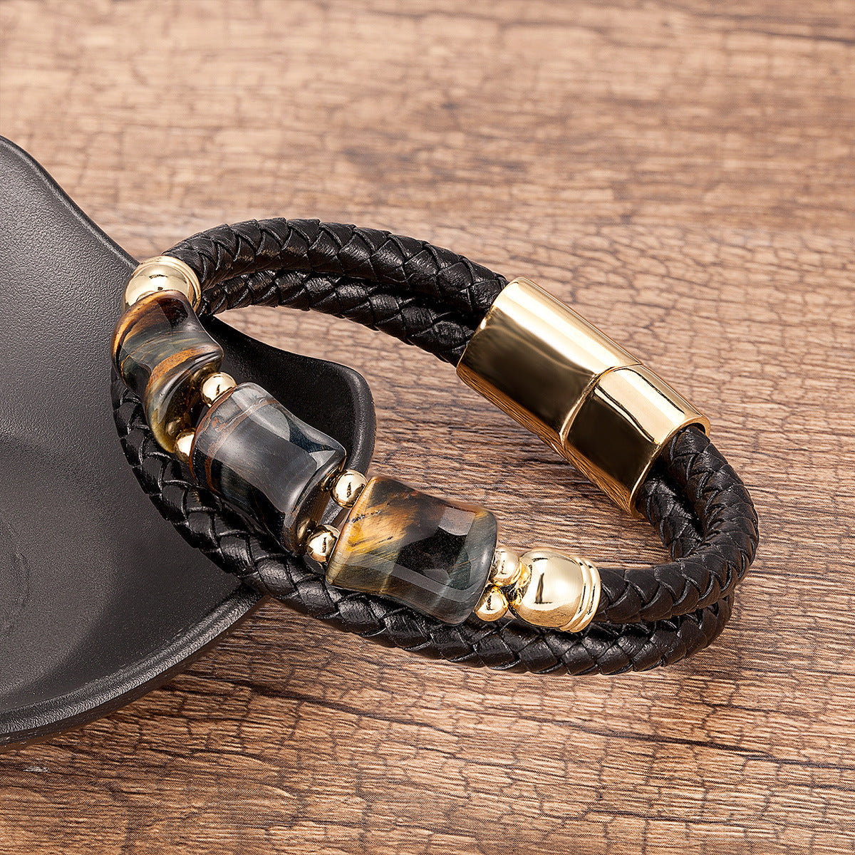 New Bamboo Tiger Eye Stone Handmade Leather Braided Bracelet