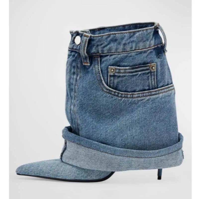 Pointed-toe Washed Denim Pantskirt Stiletto Heel Ankle Boots Cjdropshipping
