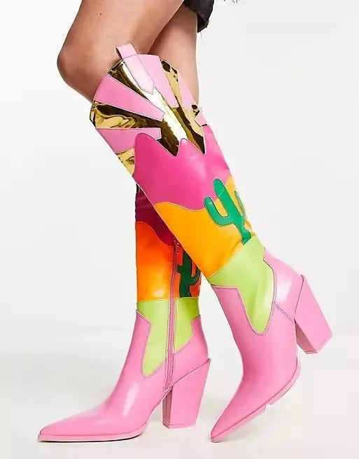 Ins Fashion Runway Chunky Heel Multi-color Mosaic Boots Dropshipman