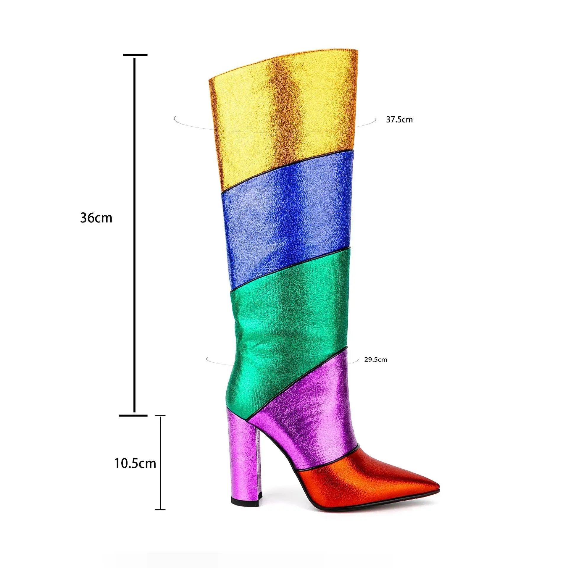 Tribal Card Metal Rainbow Color-blocking Pointed Chunky Heel Middle Boots Dropshipman