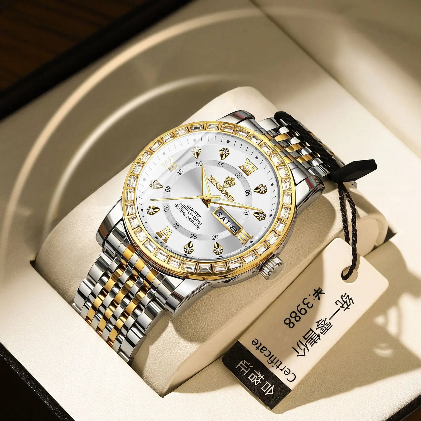 Business Diamond-embedded Mechanical Watch Double Calendar Waterproof Luminous Cjdropshipping