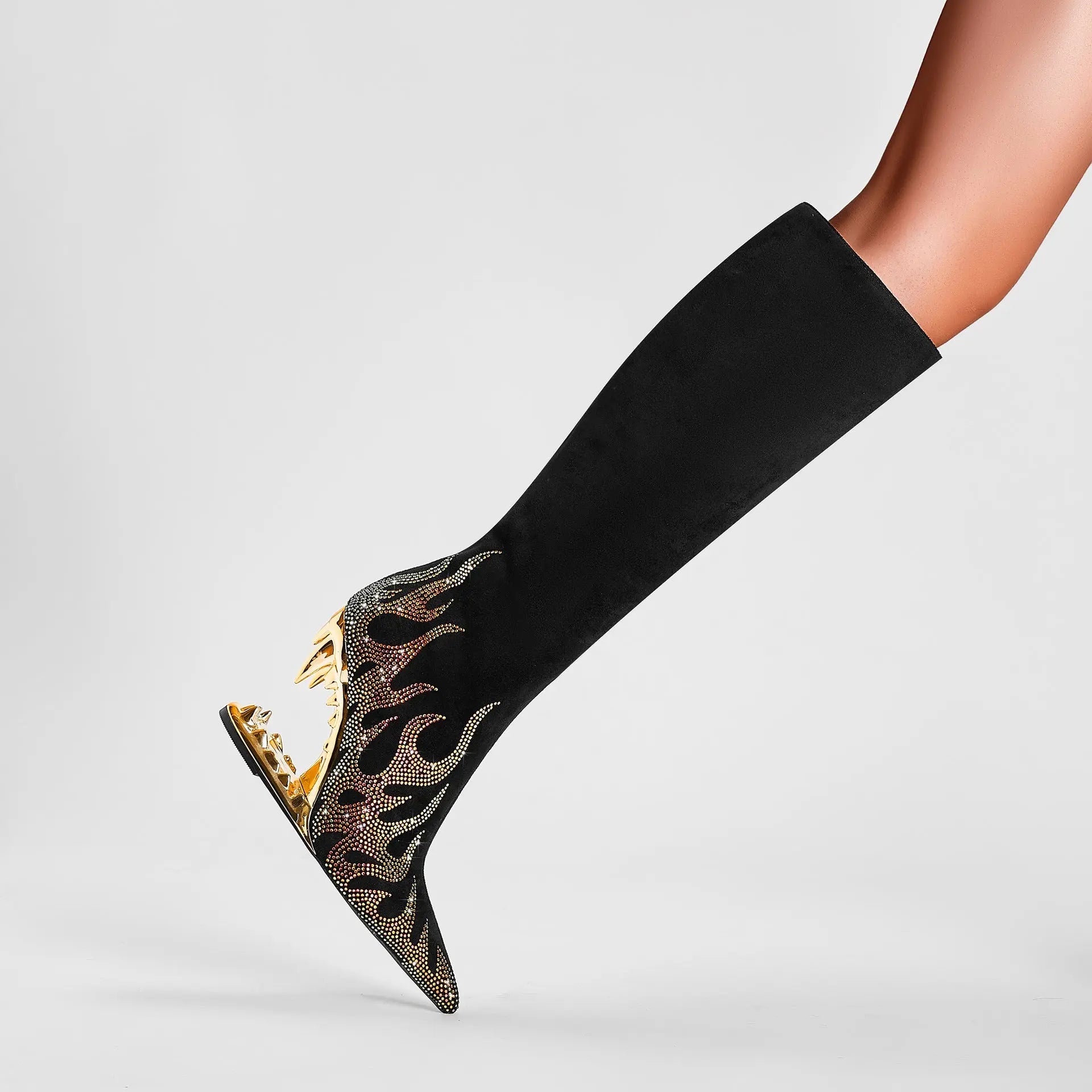 European And American Style Tiger Tooth Profiled Heel Skinny Stretch Boots Rhinestone Flame Dropshipman