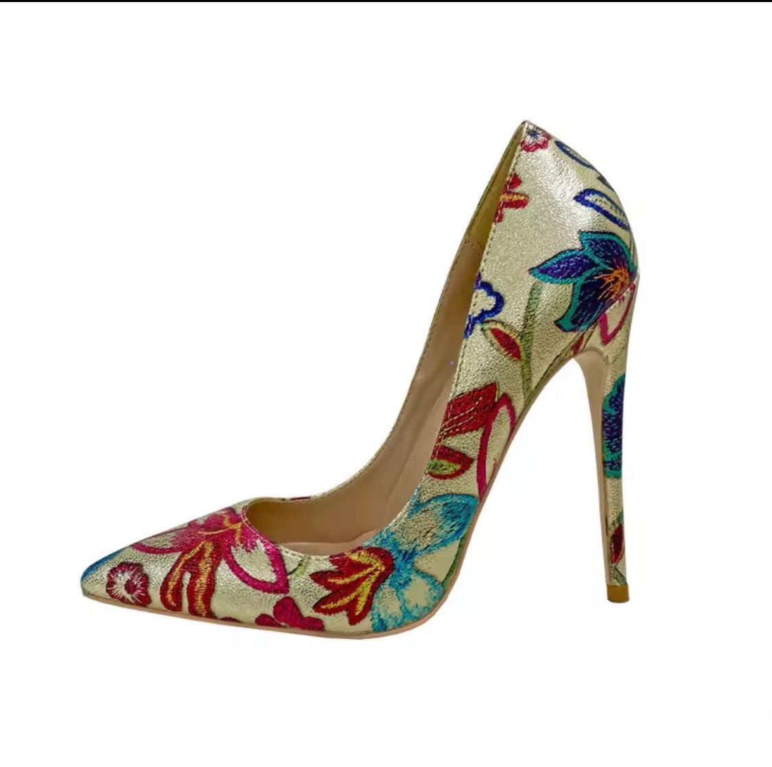 Floral  Metallic Stiletto Pumps