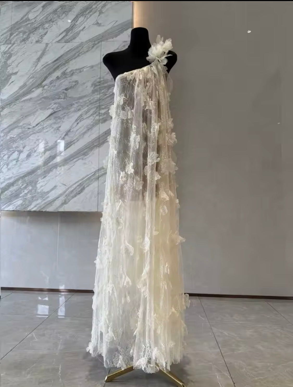White 3D Floral One-Shoulder Maxi Dress | Ethereal floral Appliqué Summer Gown