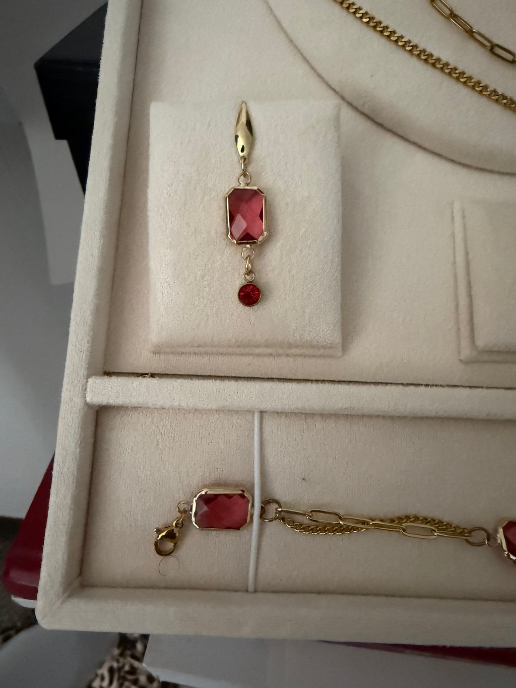 18k Gold PVD Birth Month double layered pendant Necklace, Bracelet and Earrings 3 pce set.
