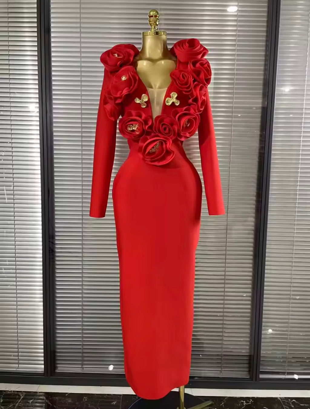 Luxury 3D Rose Floral Accent Long Sleeve Maxi Bandage Dress – Elegant Evening Gown
