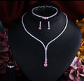 Luxury Pink Cubic Zirconia Jewelry Set for Women – 4-Piece Silver Plated Bridal Necklace, Drop Earrings, Tennis Bracelet & Adjustable Ring