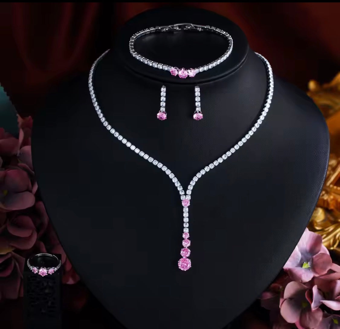 Luxury Pink Cubic Zirconia Jewelry Set for Women – 4-Piece Silver Plated Bridal Necklace, Drop Earrings, Tennis Bracelet & Adjustable Ring