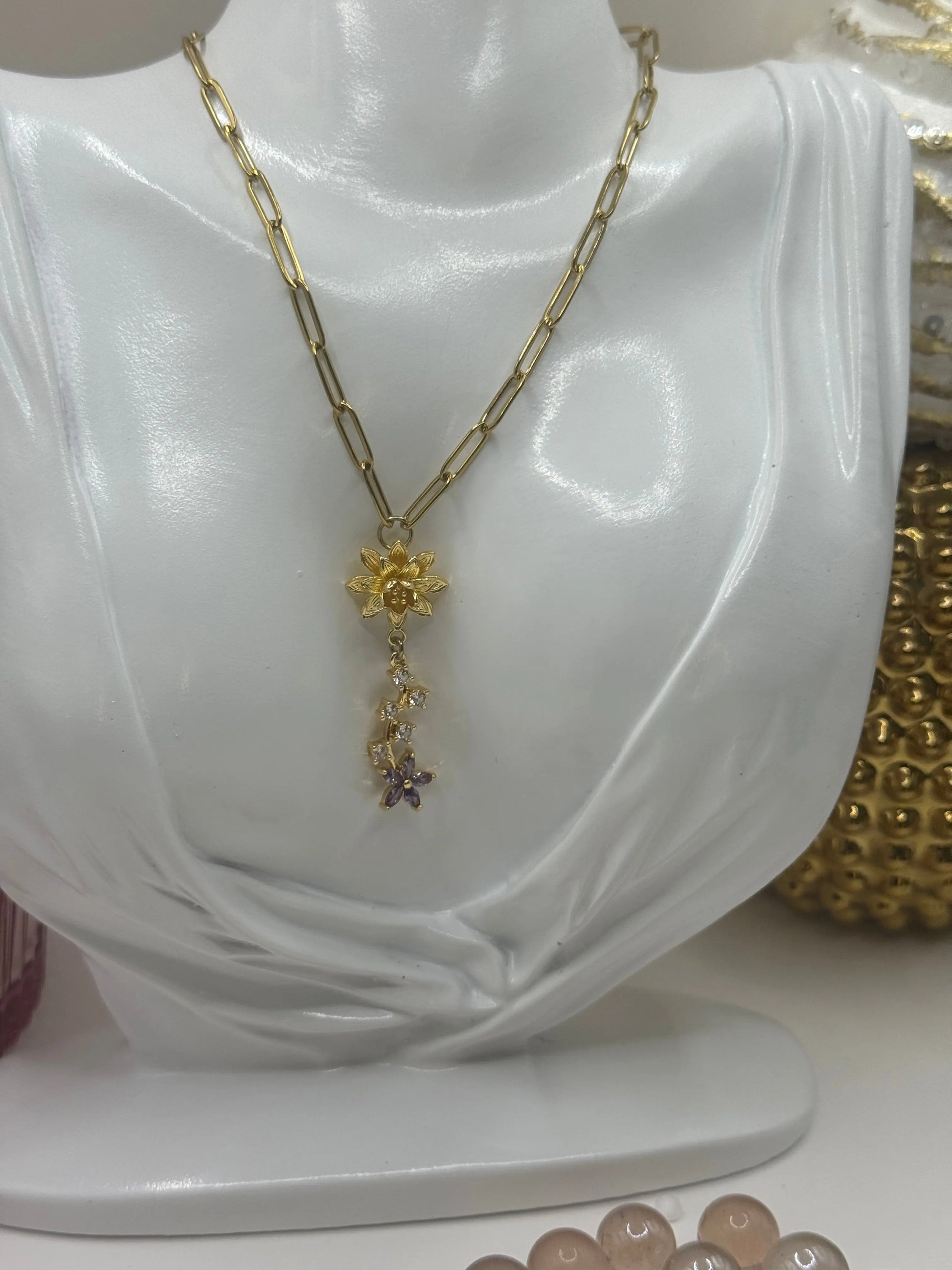 Lavender Bloom Drop – 18k Gold PVD Paperclip Chain Necklace with Floral Crystal Charms - JNi3 shop
