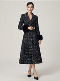 Women’s Long Tweed Plaid Trench Coat, Double-Breasted Winter Overcoat with Faux Fur Cuffs, Elegant Vintage Midi Jacket