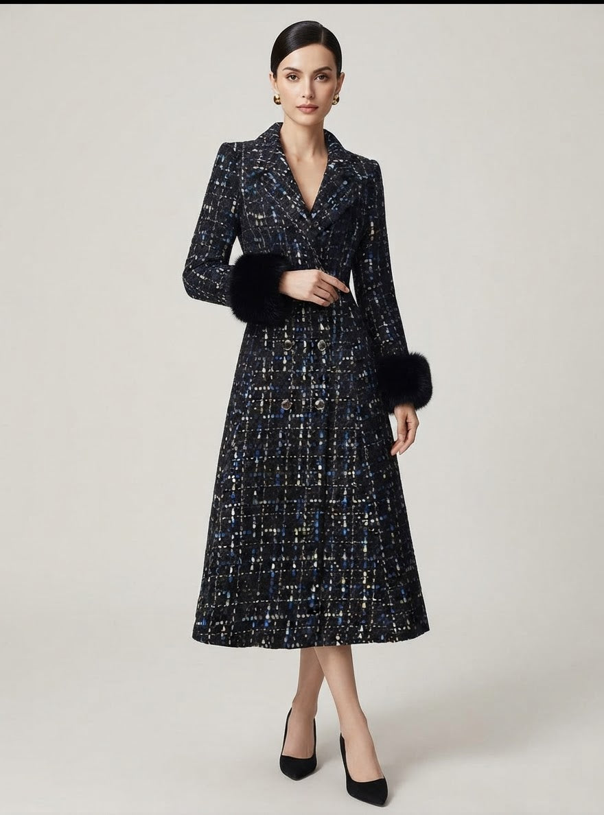 Women’s Long Tweed Plaid Trench Coat, Double-Breasted Winter Overcoat with Faux Fur Cuffs, Elegant Vintage Midi Jacket