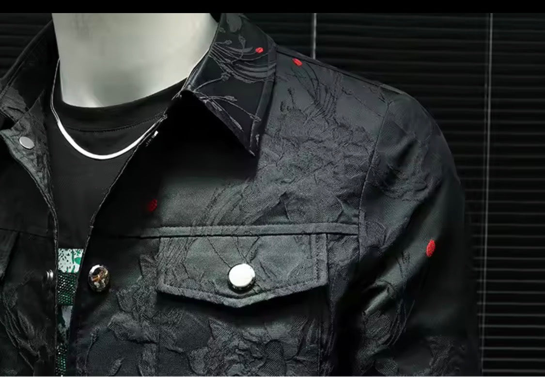 Men's Floral Jacquard Button-Up Casual Jacket with Pocket Details | Stylish Modern Statement Outerwear