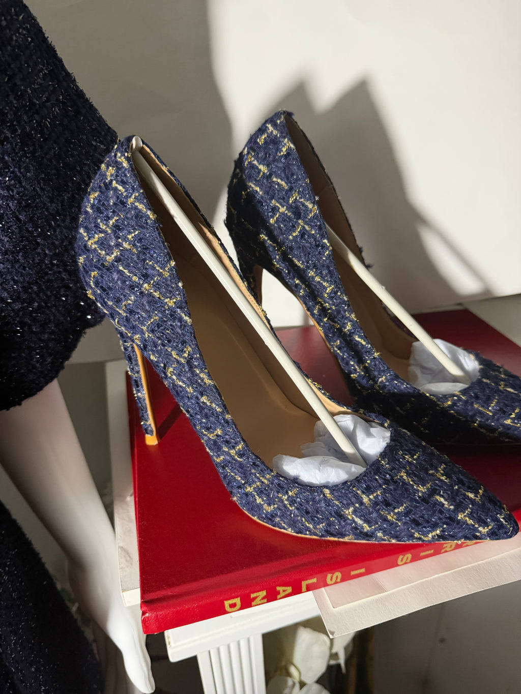 Navy Blue Tweed Belted Midi Dress and Pointed-Toe 12cm Stiletto Pump Set | 2-Piece