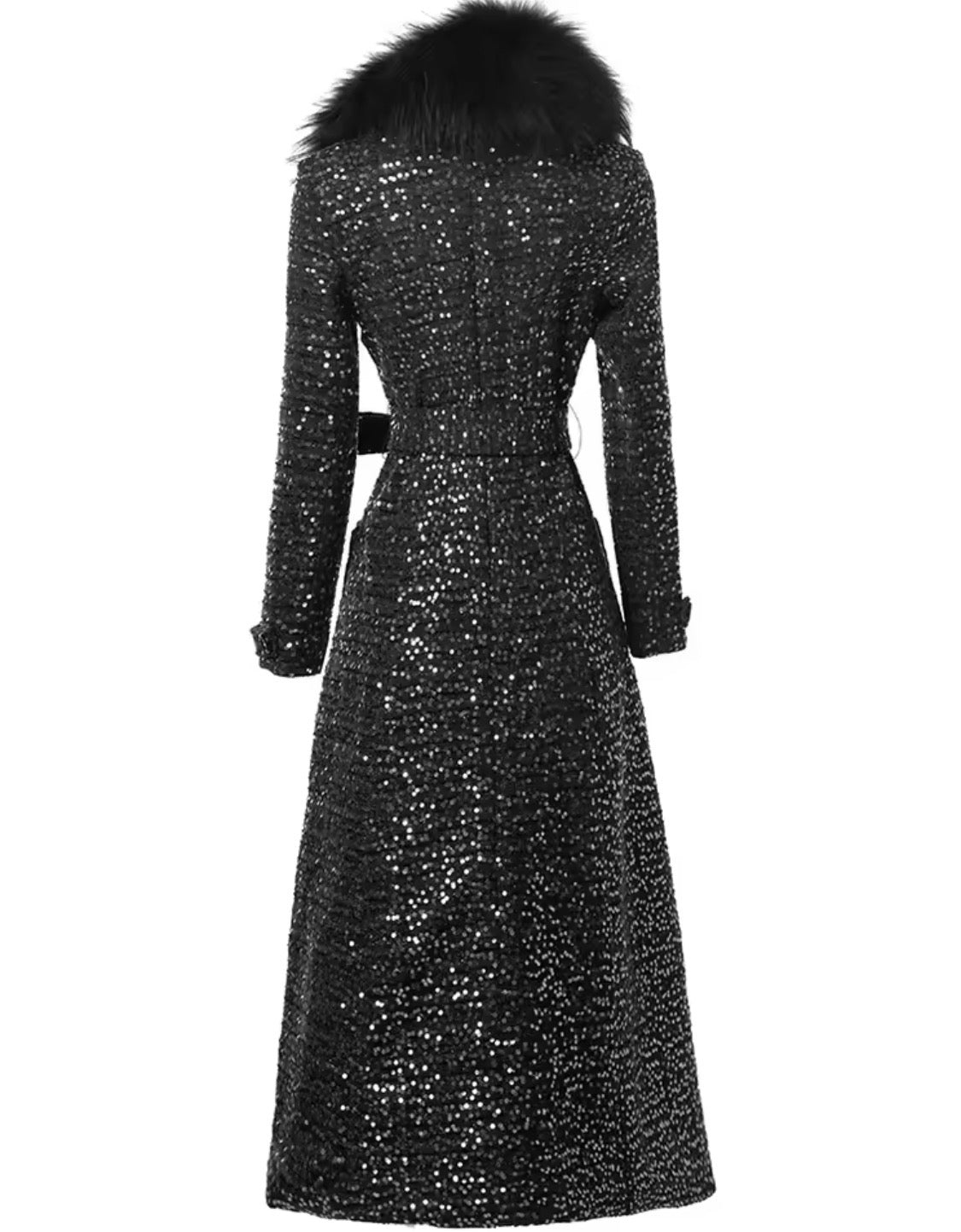 Elegant Sparkly Tweed Long Sequin Trench Belted Evening Overcoat with fur collar